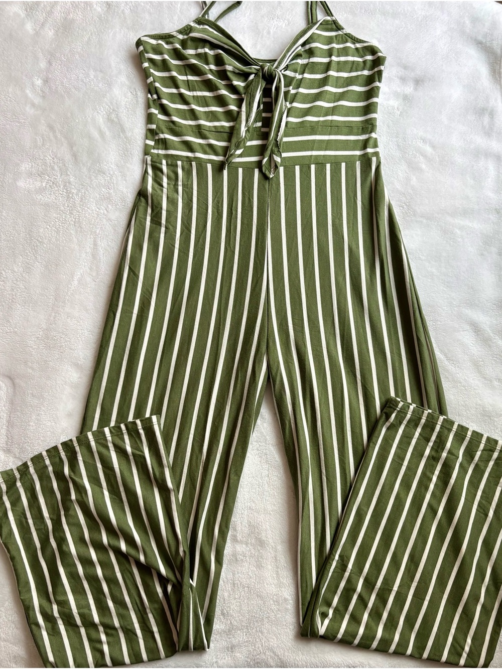 Olive Green & White Striped Tie-Front Wide-Leg Jumpsuit